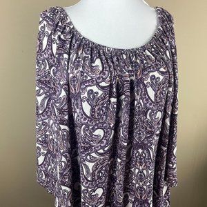 DR2 3/4 Sleeve Blouse Plus Size 1X Purple White, Paisley